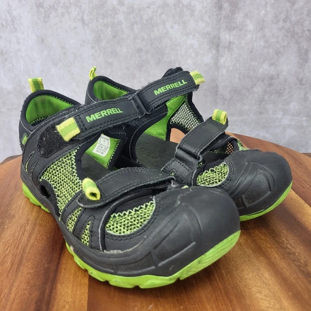 Merell Hydro Rapid Shoes Boys 4 M Black Green Leather Water Hiking Sport Sandals